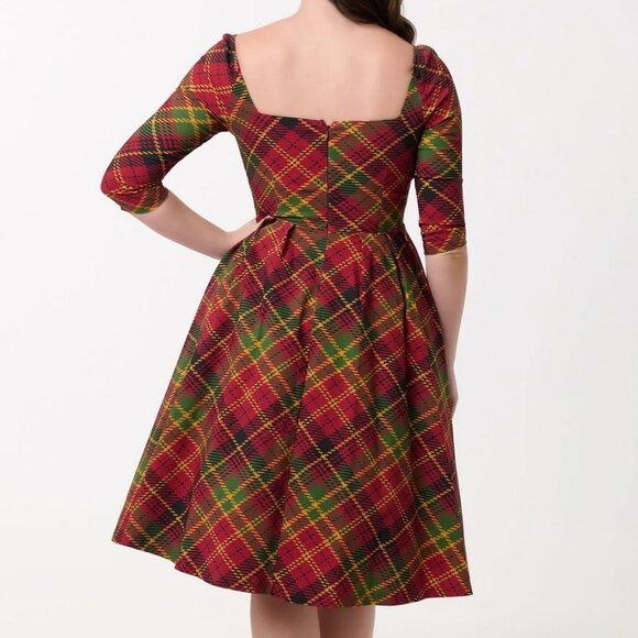 Unique Vintage 1950s Burnt Orange & Green Plaid Lamar Swing Dress (Size XL/14) - Picture 2 of 8